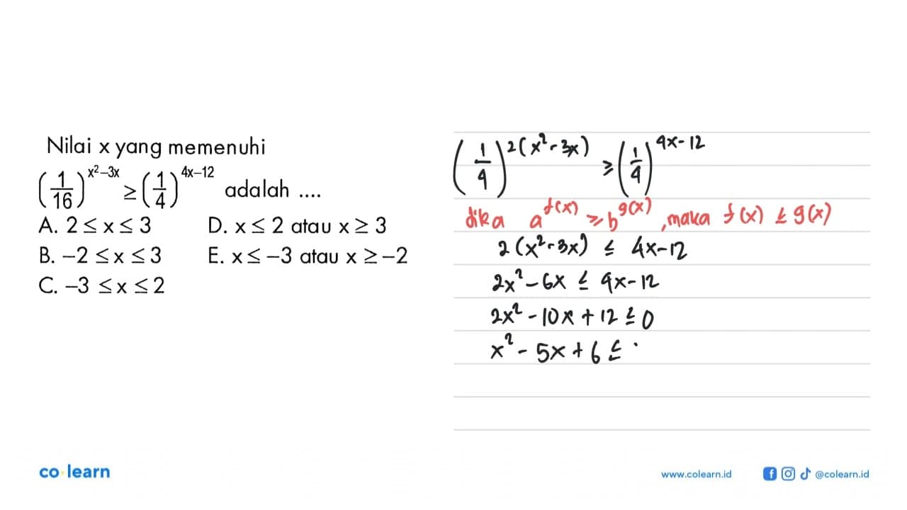 Nilai x yang memenuhi (1/16)^(x^2-3x)>=(1/4)^(4x-12) adalah