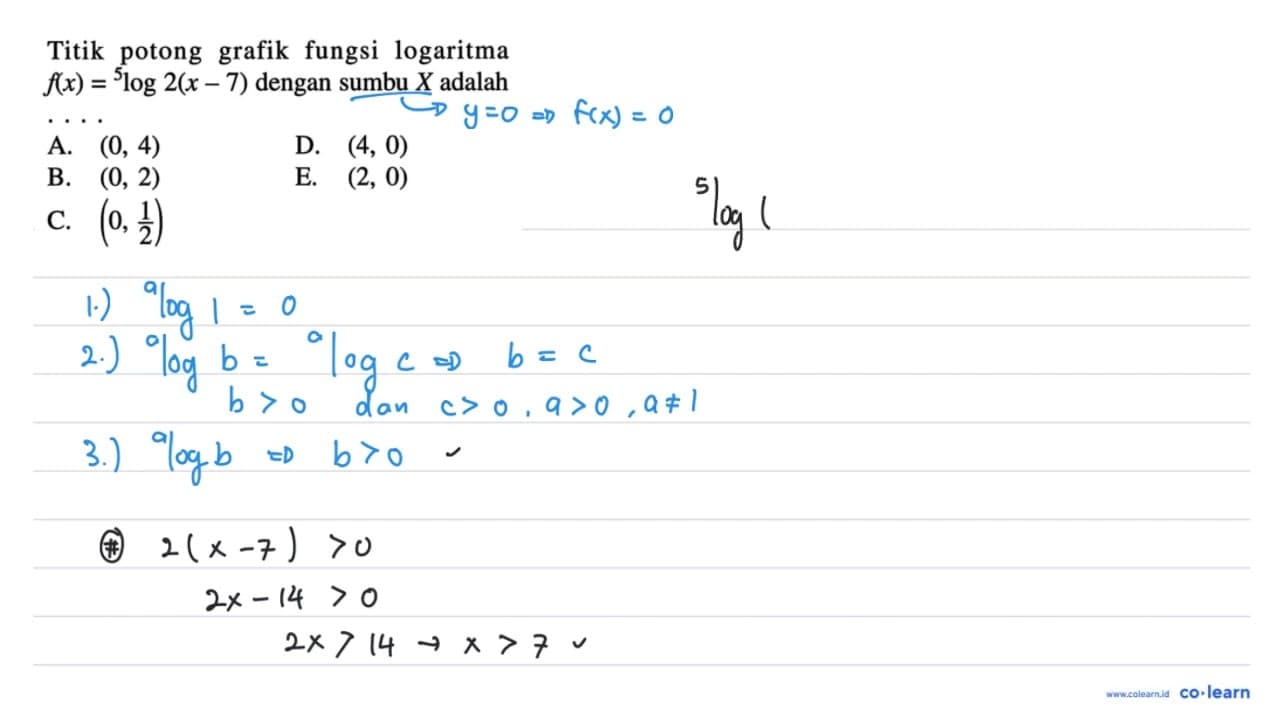 Titik potong grafik fungsi logaritma f(x)=5log2(x-7) dengan