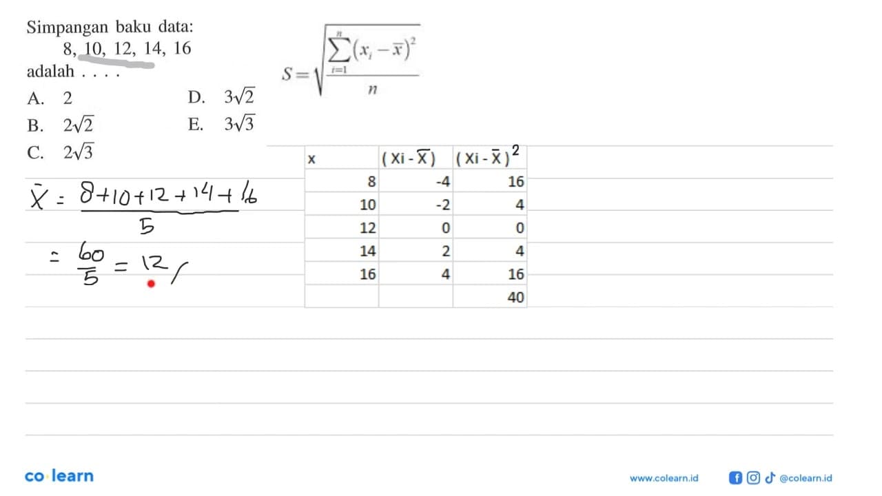 Simpangan baku data: 8, 10, 12, 14, 16 adalah . . . .