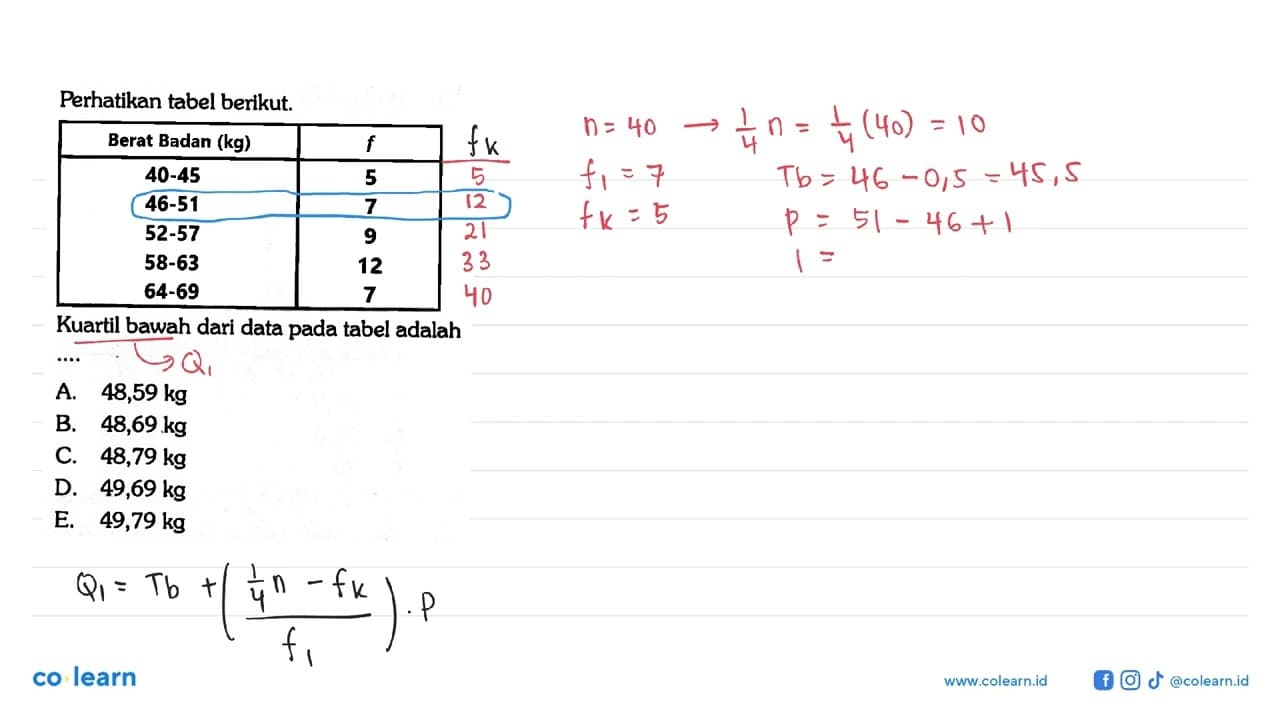Perhatikan tabel berikut Berat Badan (kg) f 40-45 5 46-51 7