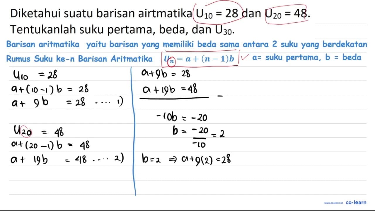 Diketahui suatu barisan airtmatika U_{10)=28 dan U_{20)=48