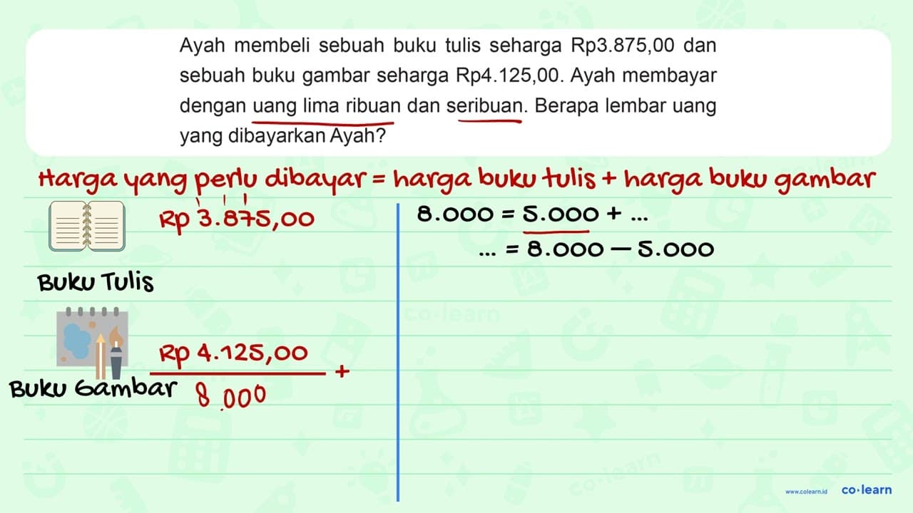 Ayah membeli sebuah buku tulis seharga Rp3.875,00 dan