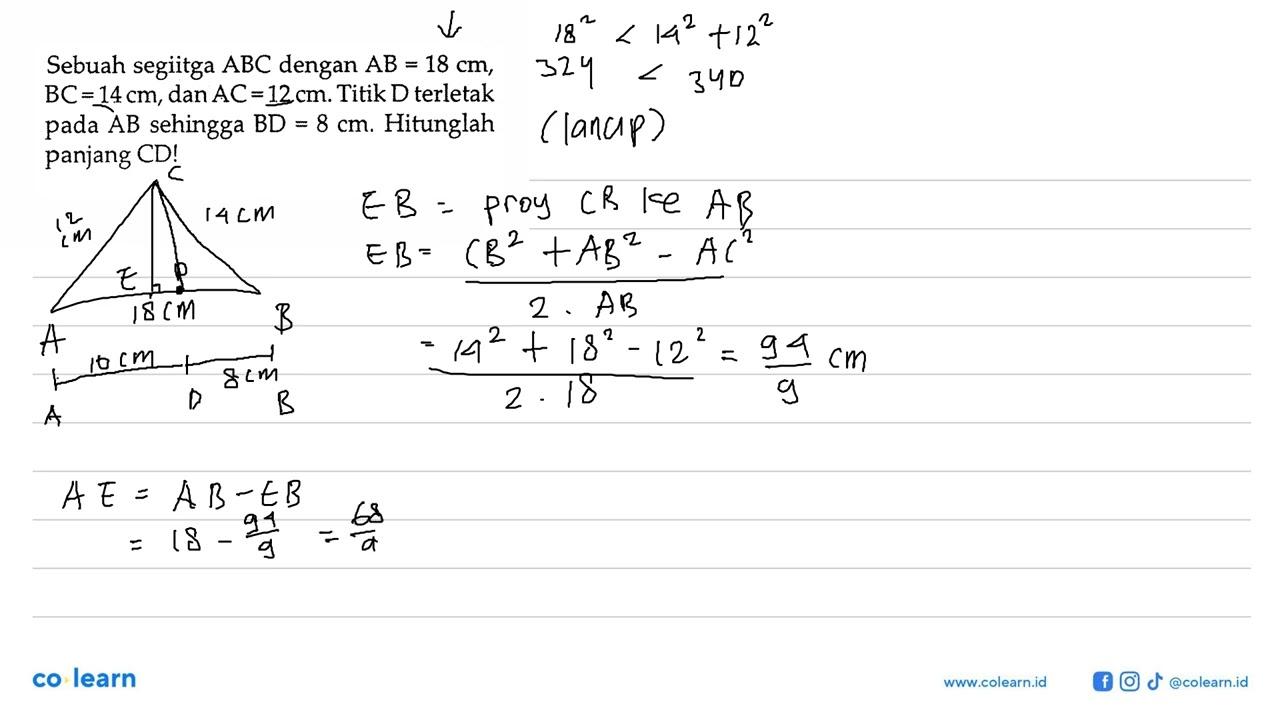 Sebuah segitiga ABC dengan AB=18 cm, BC=14 cm, dan AC=12