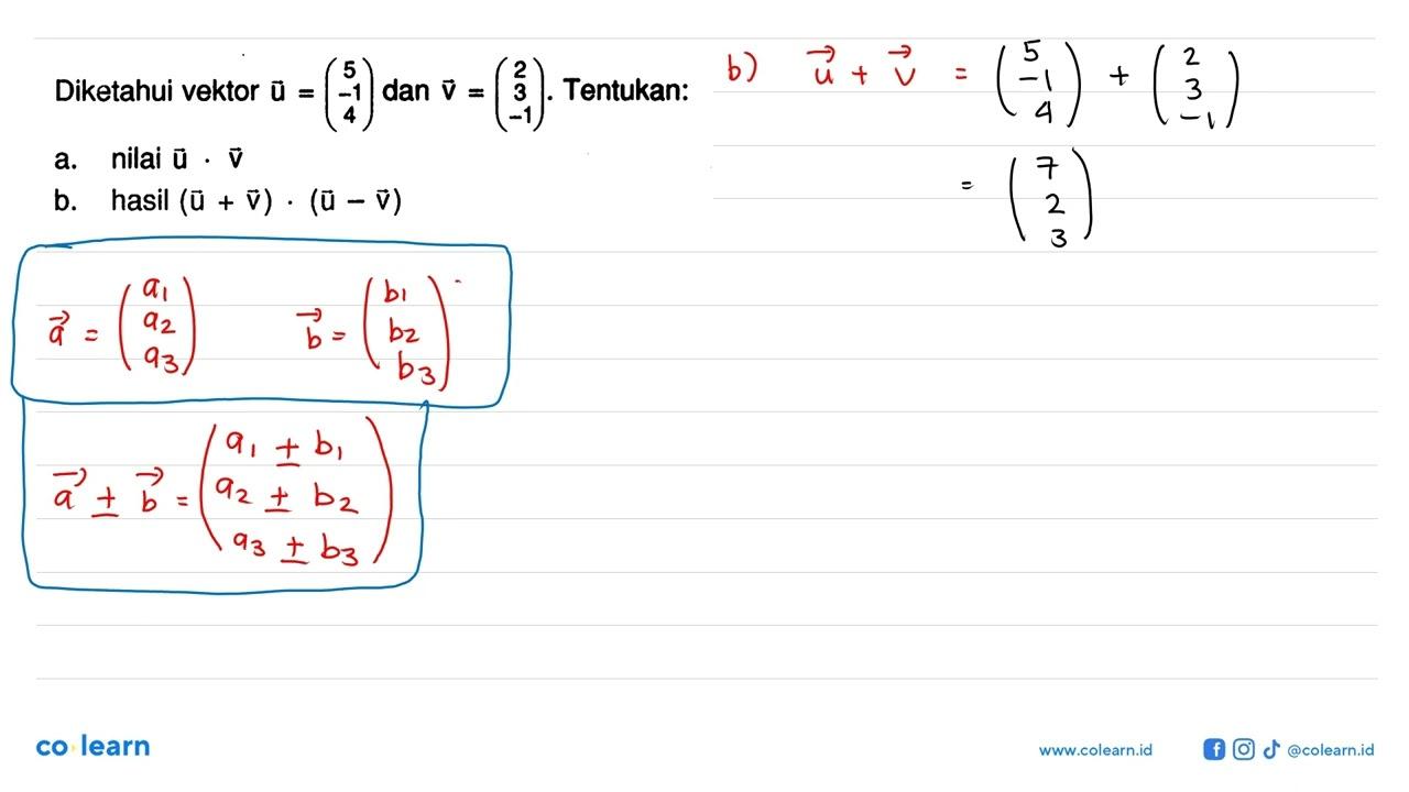Diketahui vektor u=(5 -1 4) dan v=(2 3 -1). Tentukan:a.
