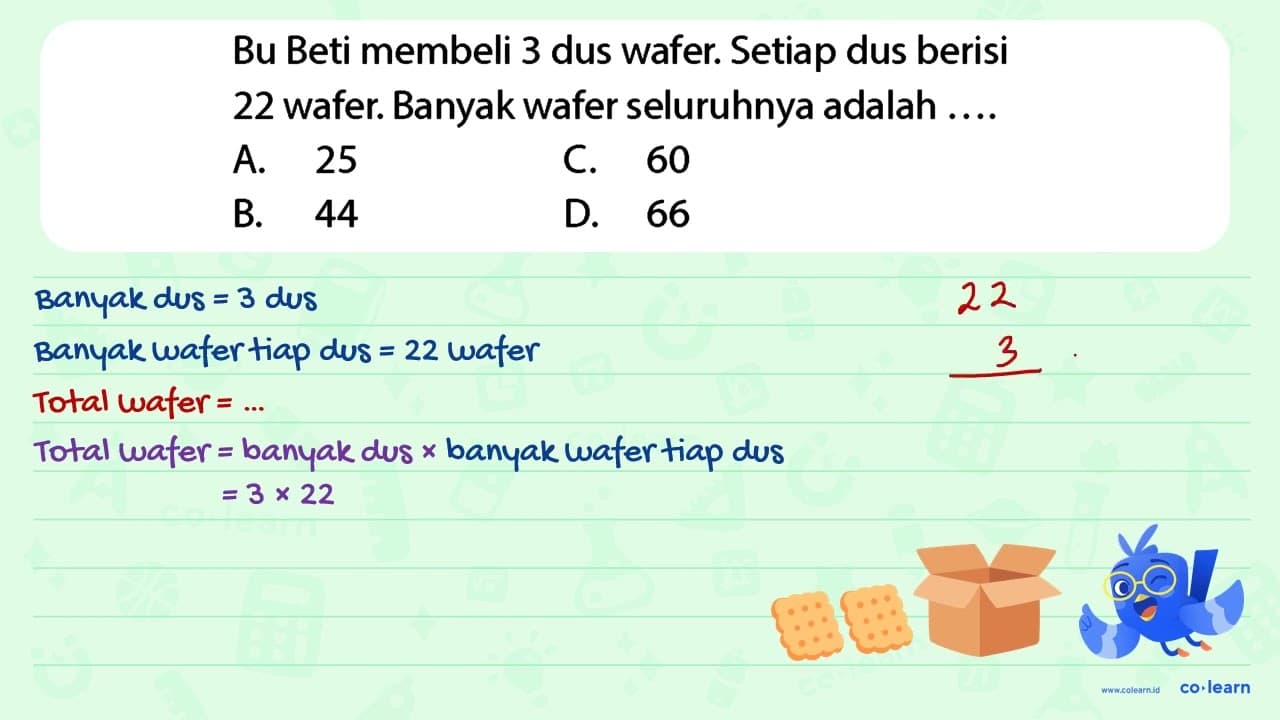 Bu Beti membeli 3 dus wafer. Setiap dus berisi 22 wafer.