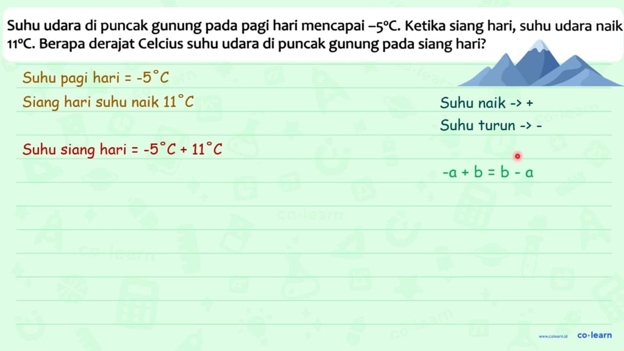 Suhu udara di puncak gunung pada pagi hari mencapai -5 C .