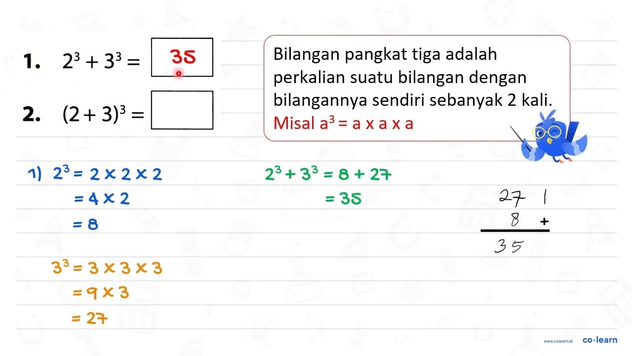 1. 2^(3)+3^(3)= 2. (2+3)^(3)=