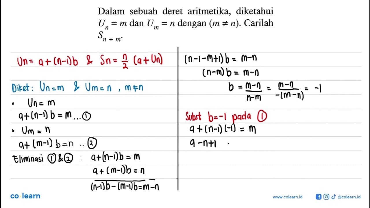 Dalam sebuah deret aritmetika, diketahui Un=m dan Um=n