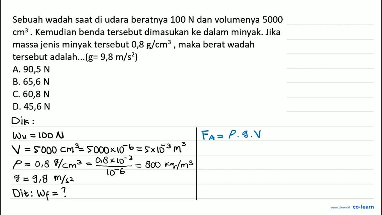 Sebuah wadah saat di udara beratnya 100 N dan volumenya