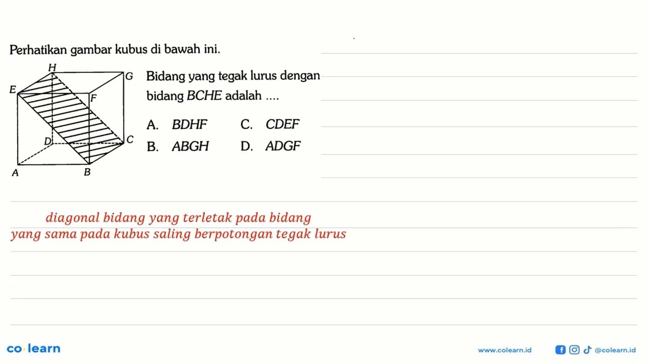 Perhatikan gambar kubus di bawah ini. Bidang yang tegak