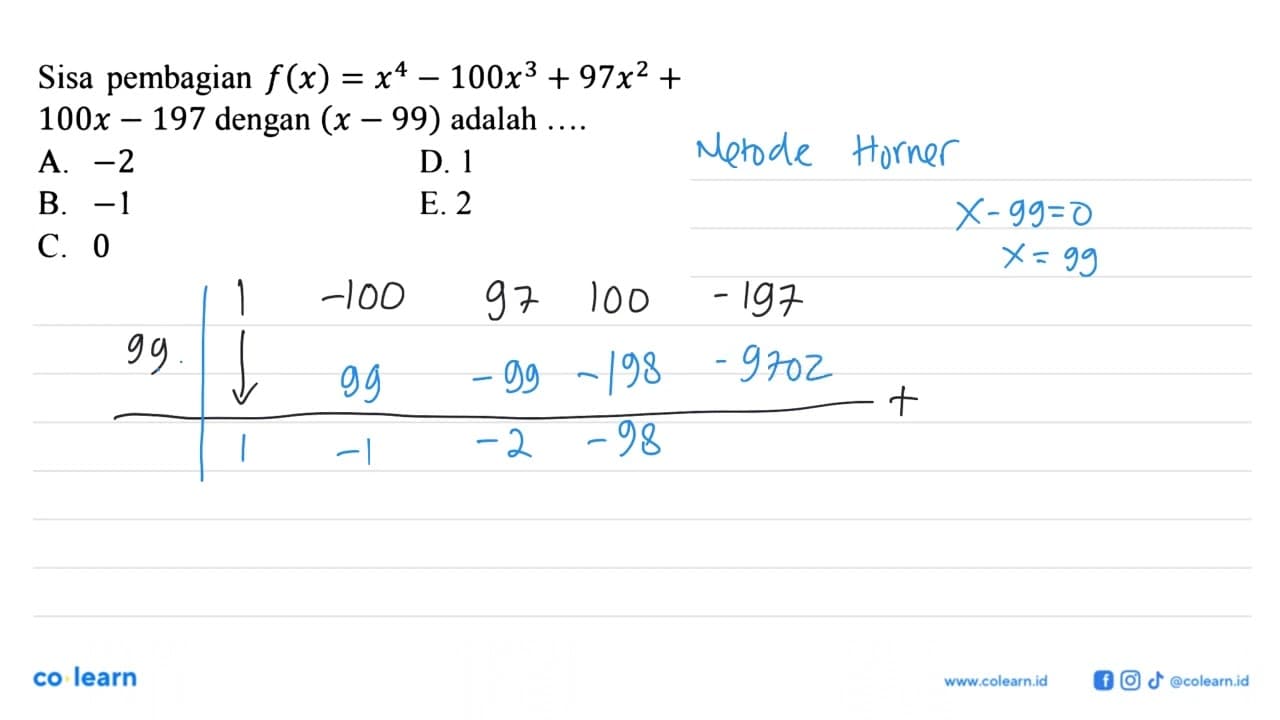 Sisa pembagian f(x)=x^4-100x^3+97x^2-100x-197 dengan (x-99)