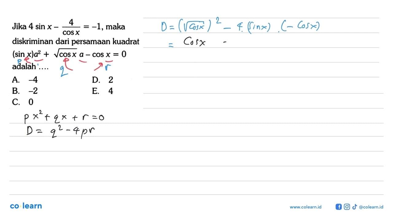 Jika 4 sin x-4/cos x=-1 , maka diskriminan dari persamaan