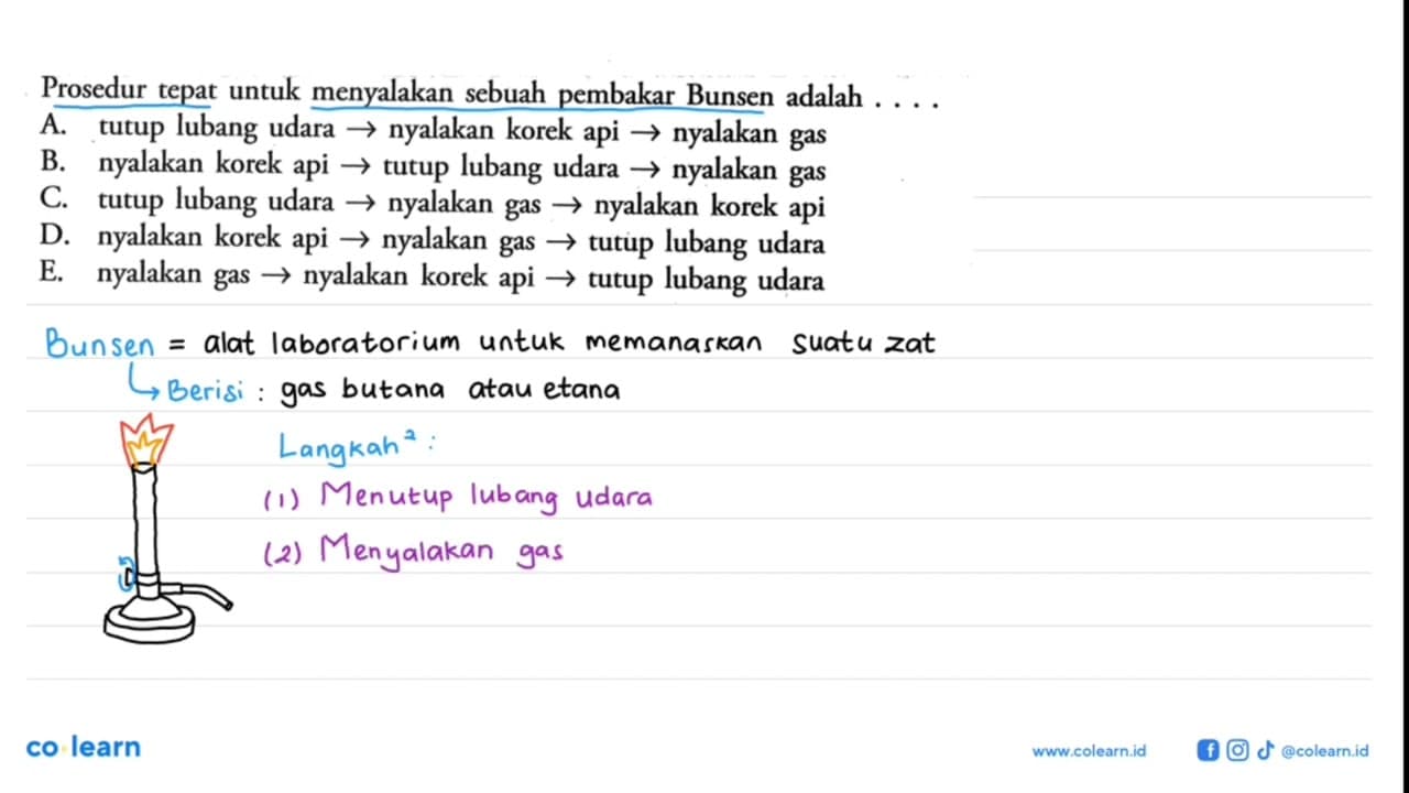 Prosedur tepat untuk menyalakan sebuah pembakar Bunsen