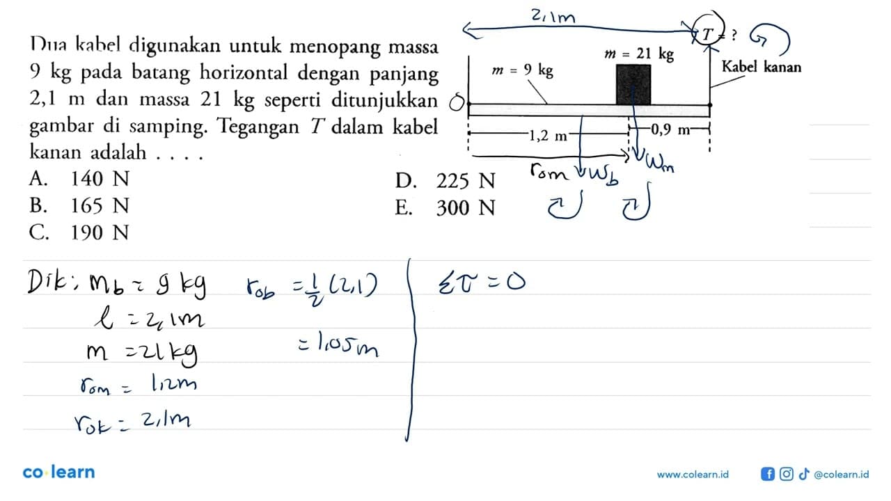 Dua kabel digunakan untuk menopang massa 9 kg pada batang