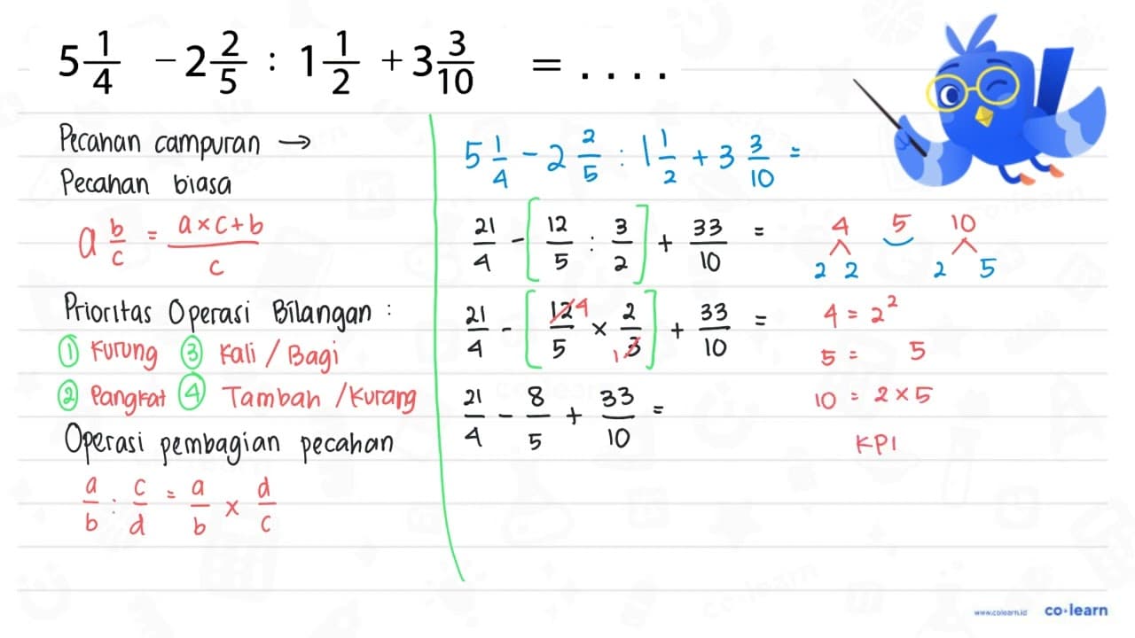 5 1/4 - 2 2/5 : 1 1/2 + 3 3/10=...