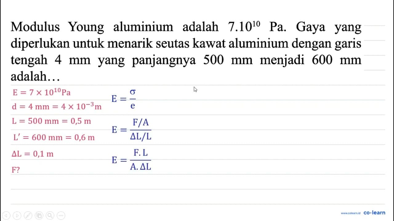 Modulus Young aluminium adalah 7.10^(10) Pa . Gaya yang