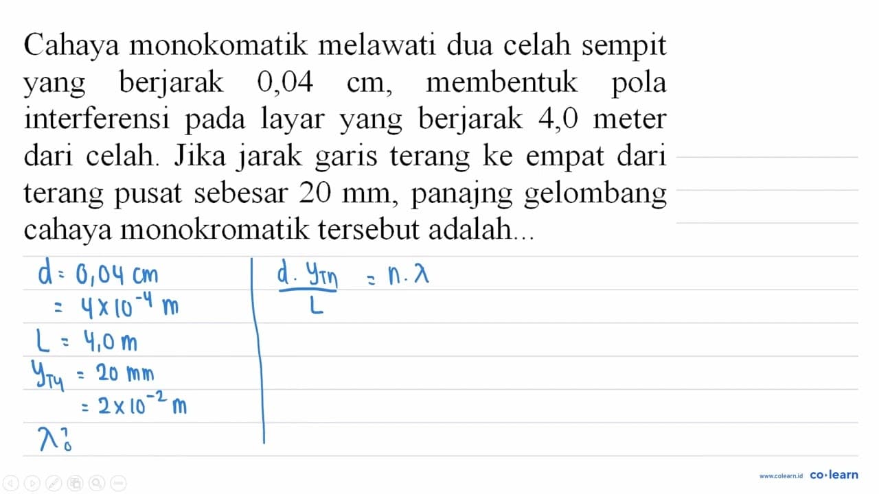 Cahaya monokomatik melawati dua celah sempit yang berjarak