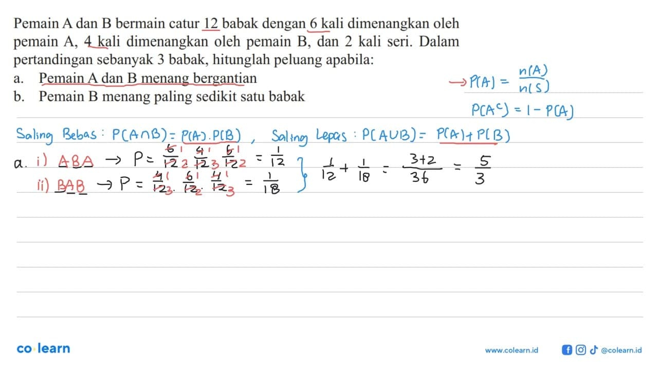 Pemain A dan B bermain catur 12 babak dengan 6 kali