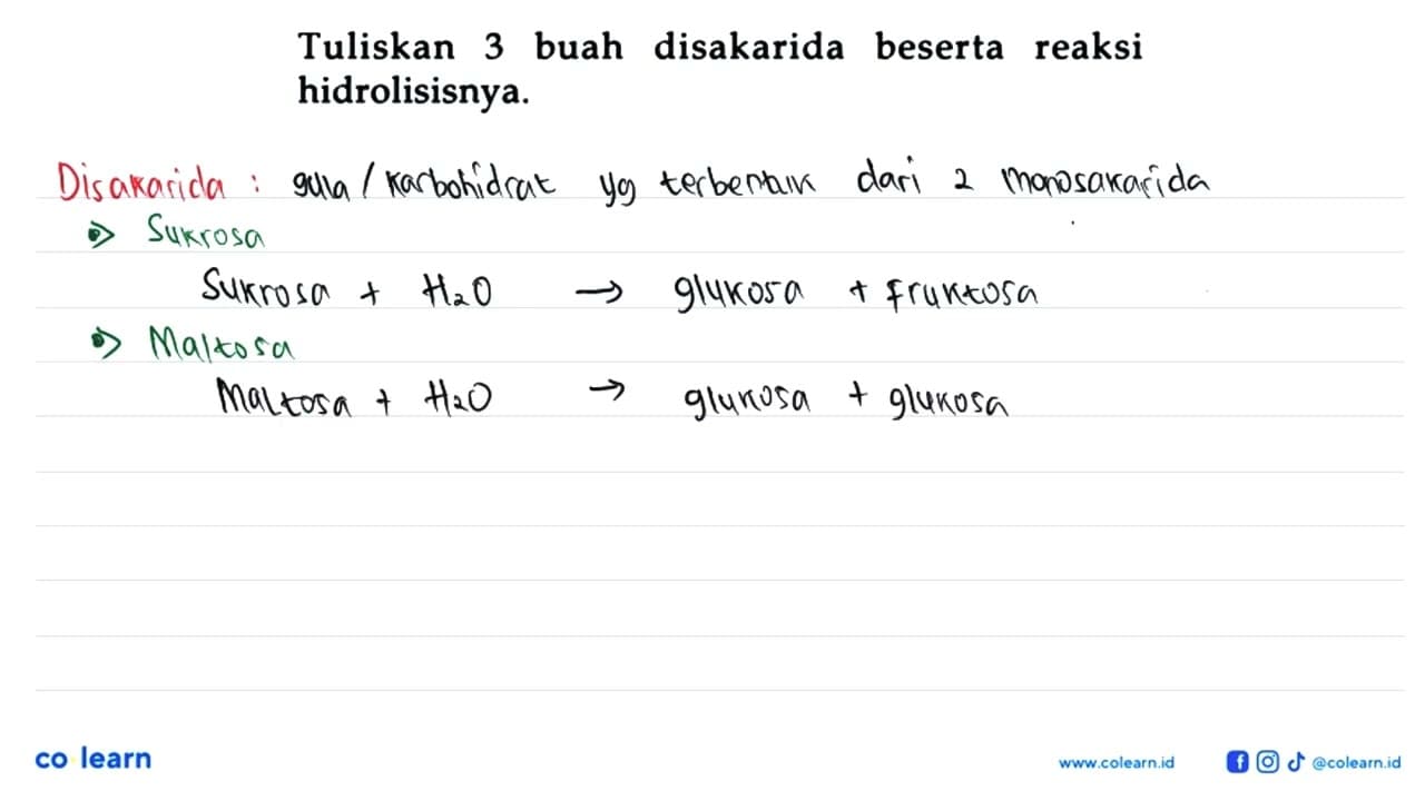 Tuliskan 3 buah disakarida beserta reaksi hidrolisisnya.