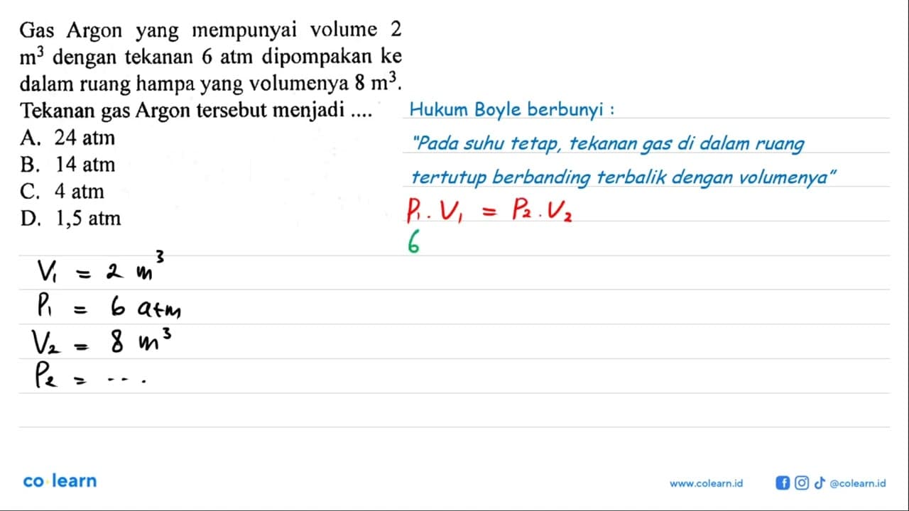 Gas Argon yang mempunyai volume 2 m^3 dengan tekanan 6 atm