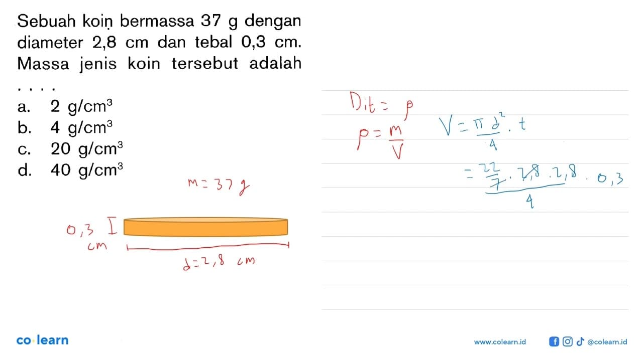 Sebuah koin bermassa 37 g dengan diameter 2,8 cm dan tebal