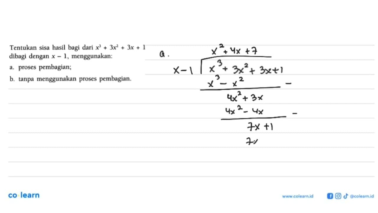 Tentukan sisa hasil bagi dari x^3+3x^2+3x+1 dibagi dengan