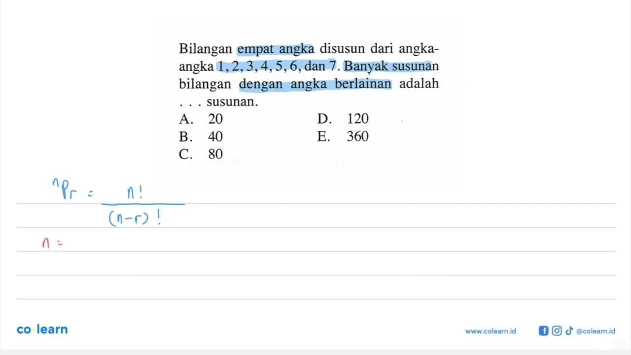 Bilangan empat angka disusun dari angkaangka 1,2,3,4,5,6,