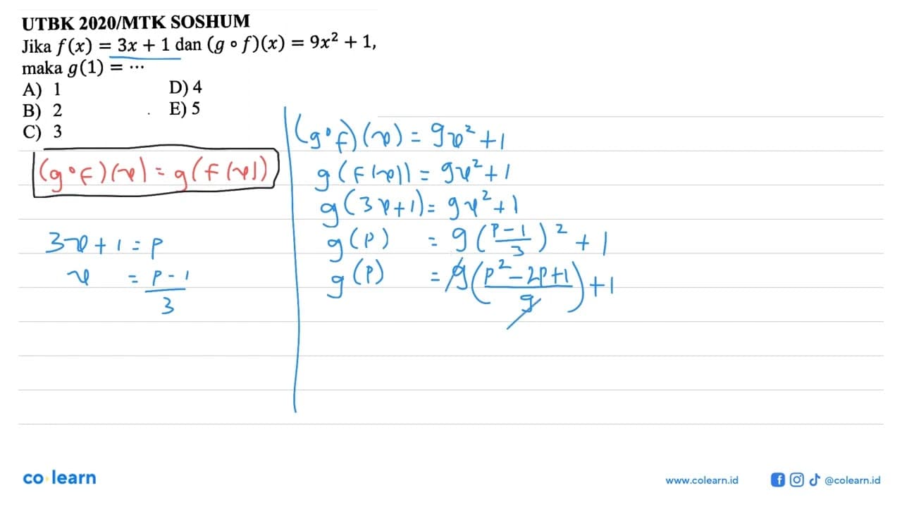 Jika f(x)=3x+1 dan (gof)(x)=(9x^2)+1, maka g(1)=... UTBK