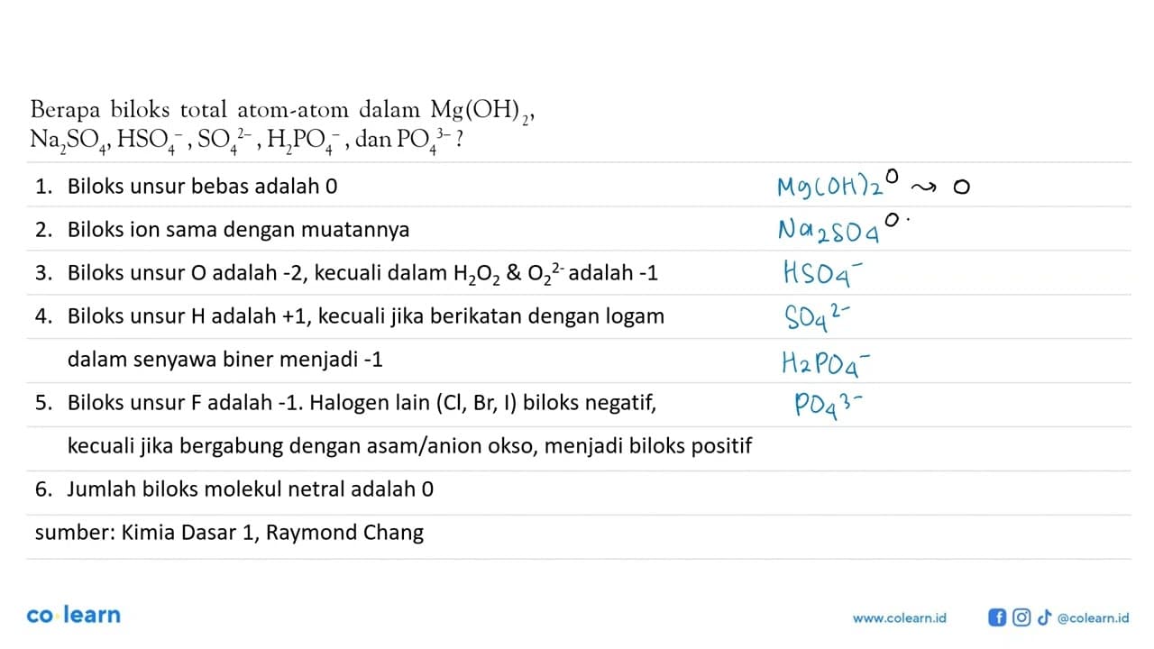 Berapa biloks total atom-atom dalam Mg(OH)2, Na2 SO4,