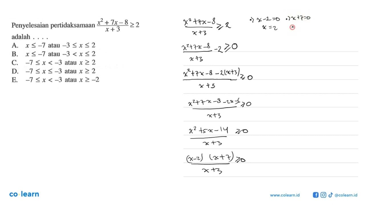 Penyelesaian pertidaksamaan (x^2+7x-8)/(x+3)>=2 adalah . .