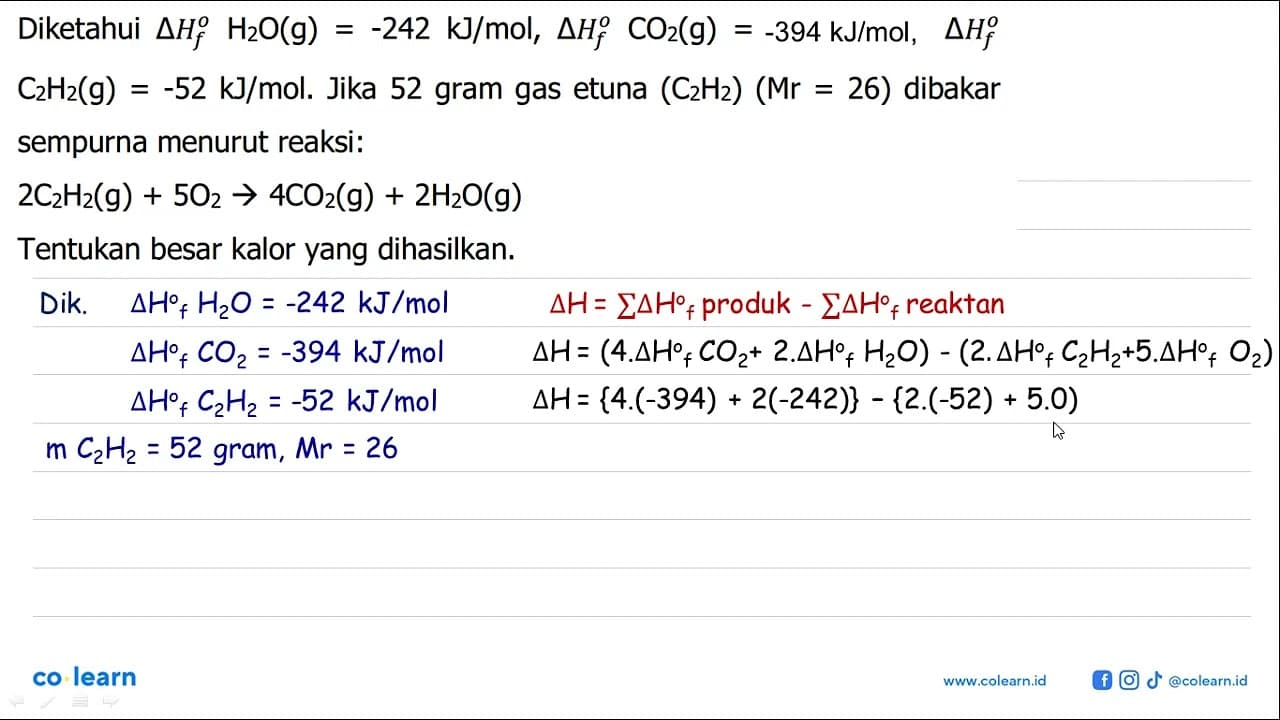 Diketahui delta Hf H2O(g) = -242 kJ/mol, delta Hf CO2(g) =