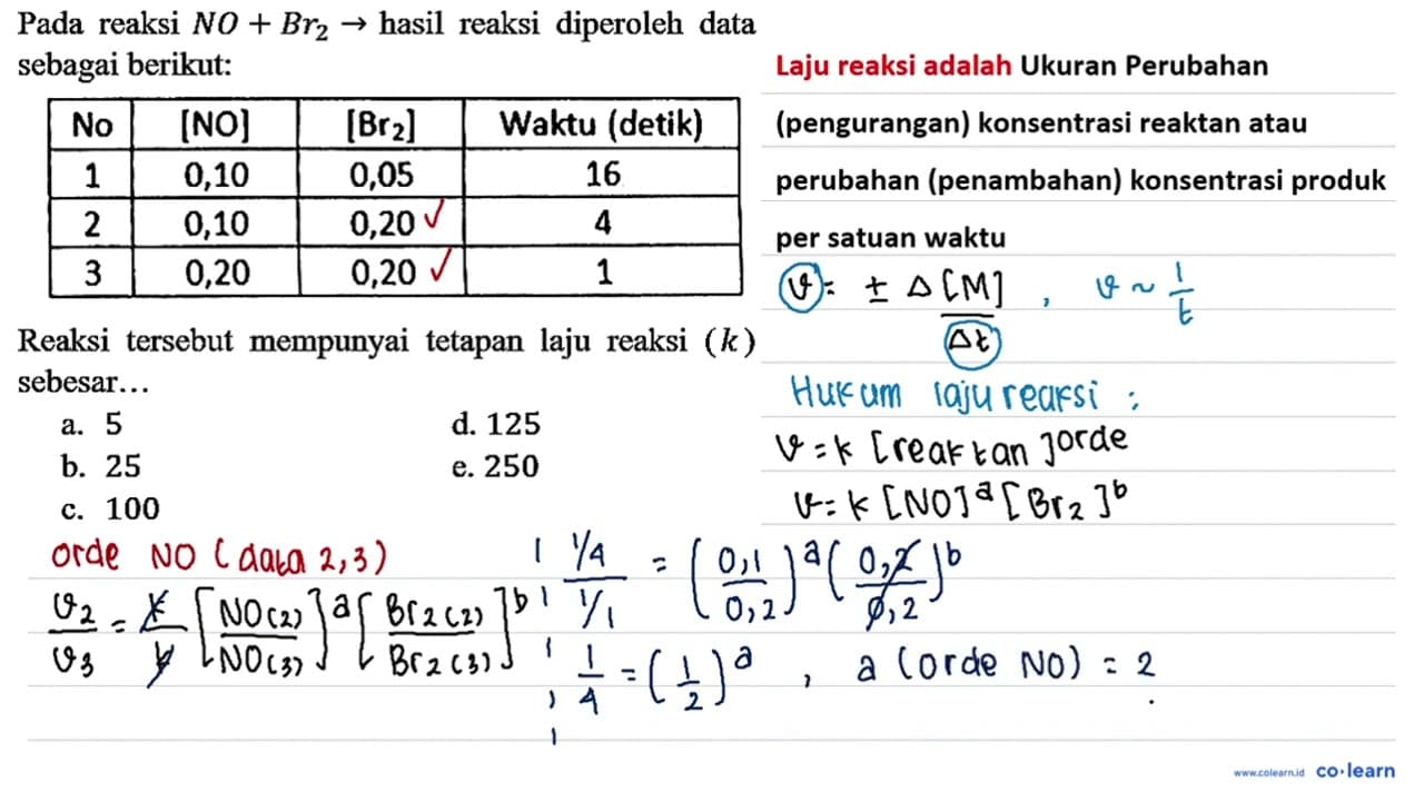 Pada reaksi NO + Br2 -> hasil reaksi diperoleh data sebagai