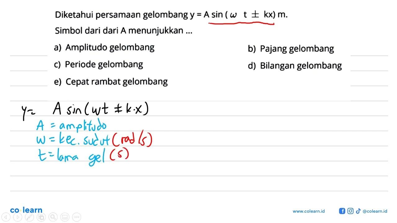 Diketahui persamaan gelombang y=A sin (omega t +- kx) m.