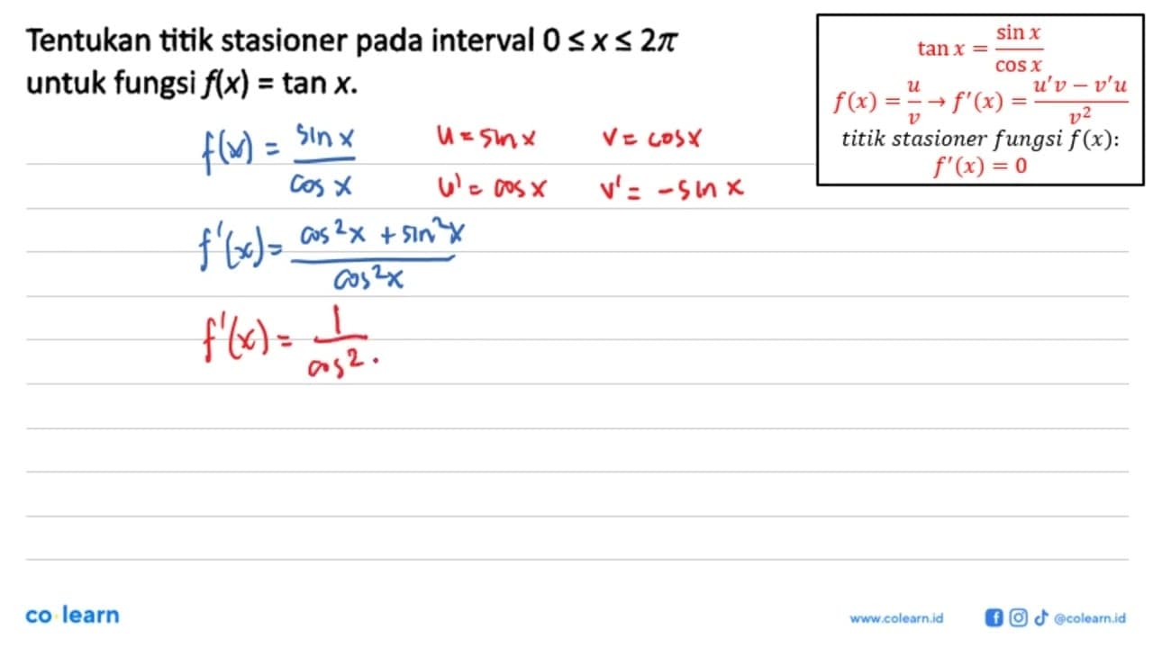 Tentukan titik stasioner pada interval 0 <= x <= 2pi untuk