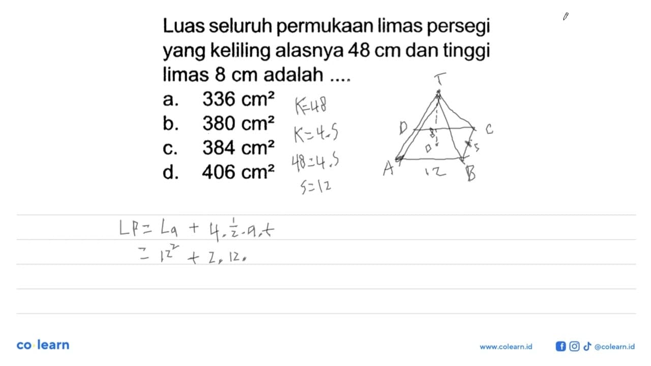 Luas seluruh permukaan limas persegi yang keliling alasnya