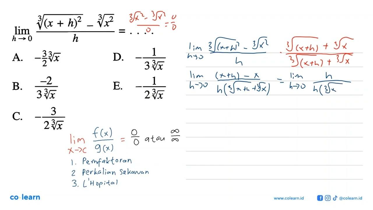 limit h -> 0 (x+h)^2/3 - x^2/3 /h=...