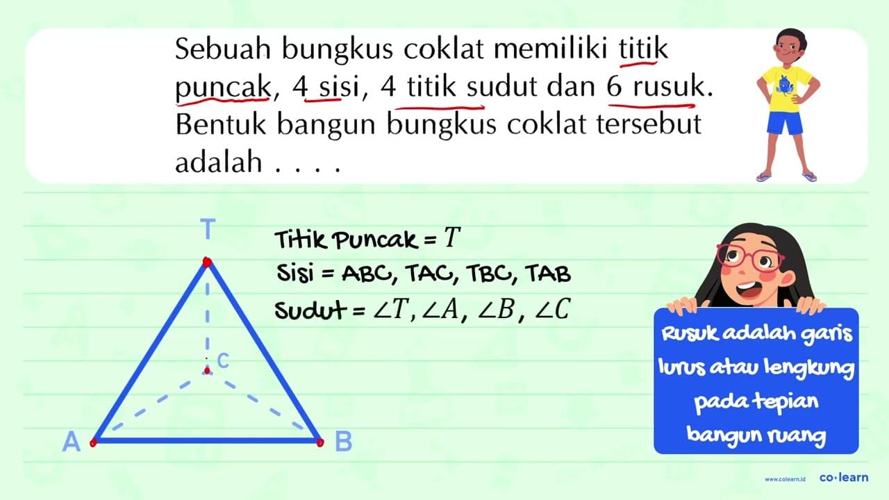 Sebuah bungkus coklat memiliki titik puncak, 4 sisi, 4