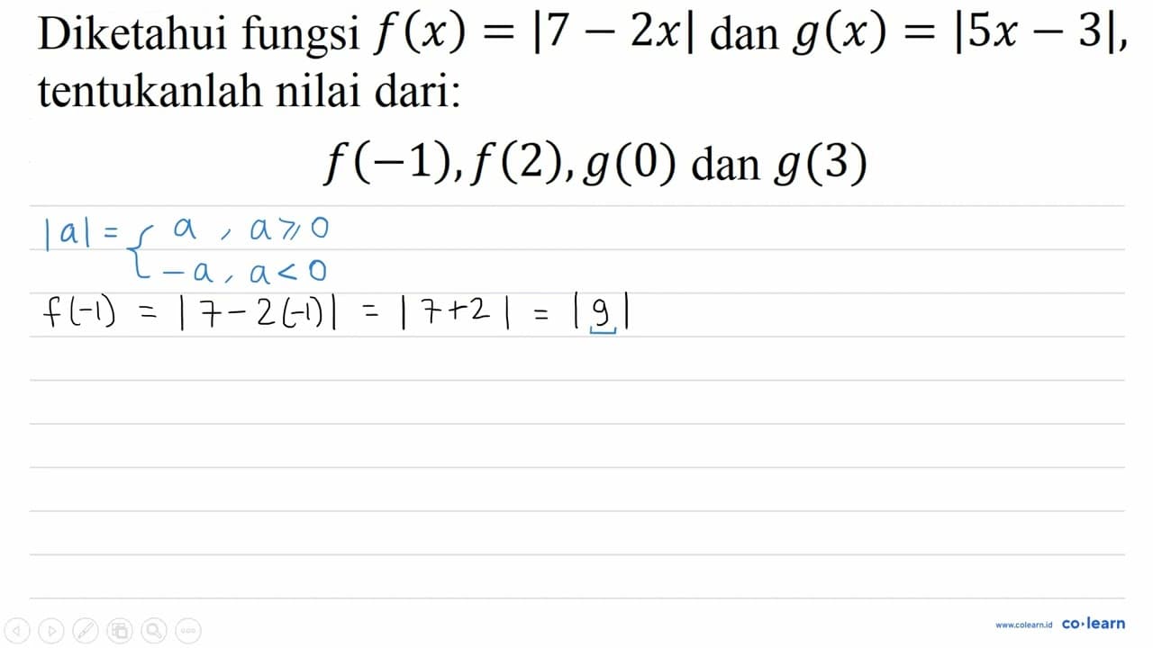 Diketahui fungsi f(x)=|7-2 x| dan g(x)=|5 x-3| ,