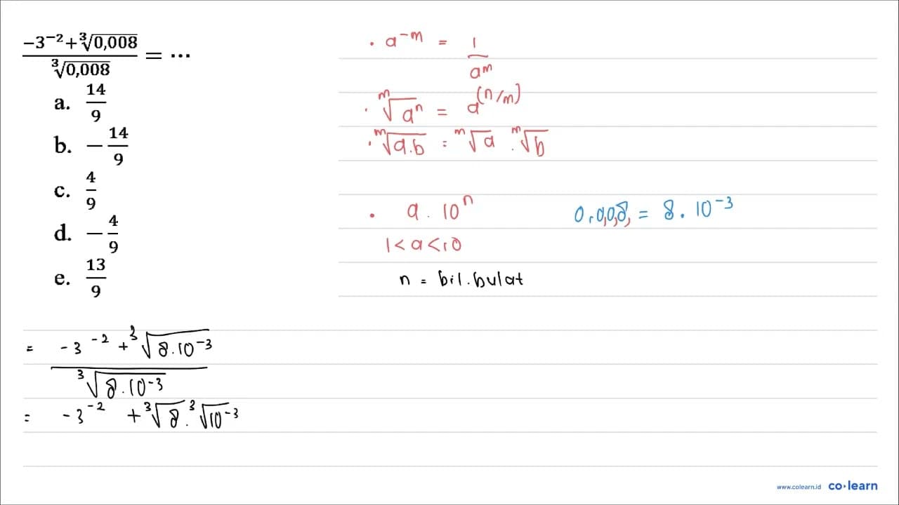 (-3^(-2)+akar pangkat 3 dari (0,008))/(akar pangkat 3 dari