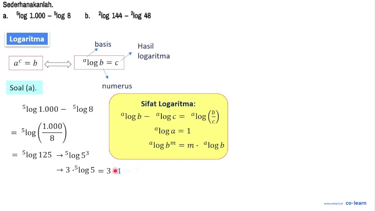 Sederhanakanlah. a. 5log1.000 - 5log8 b. 2log144 - 2log48