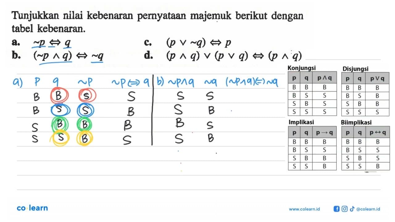 Tunjukkan nilai kebenaran pernyataan majemuk berikut dengan