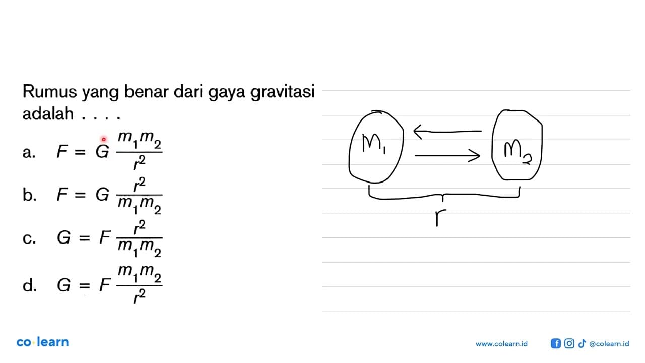 Rumus yang benar dari gaya gravitasi adalah .... a. F=G (m1