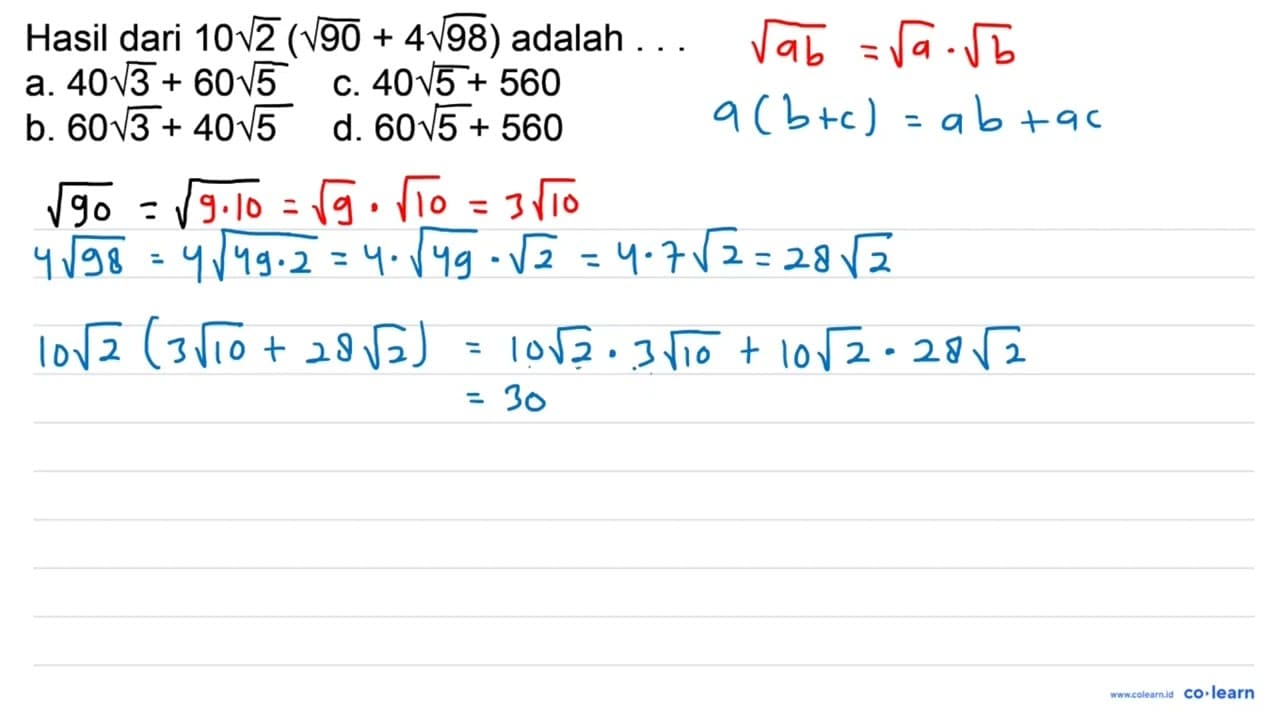 Hasil dari 10 akar(2) (akar(90) + 4 akar(98)) adalah ...