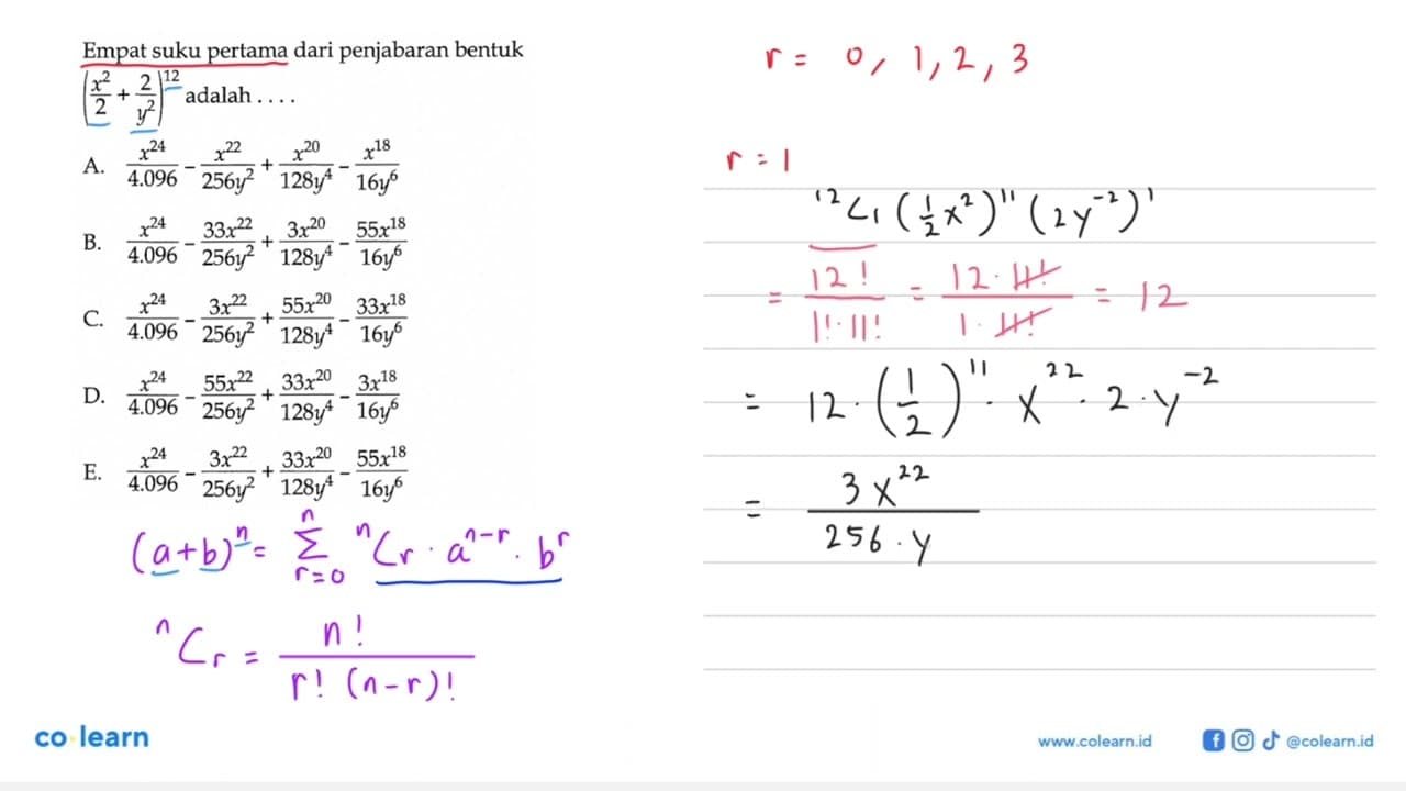 Empat suku pertama dari penjabaran bentuk (x^2/2+2/y^2)^12