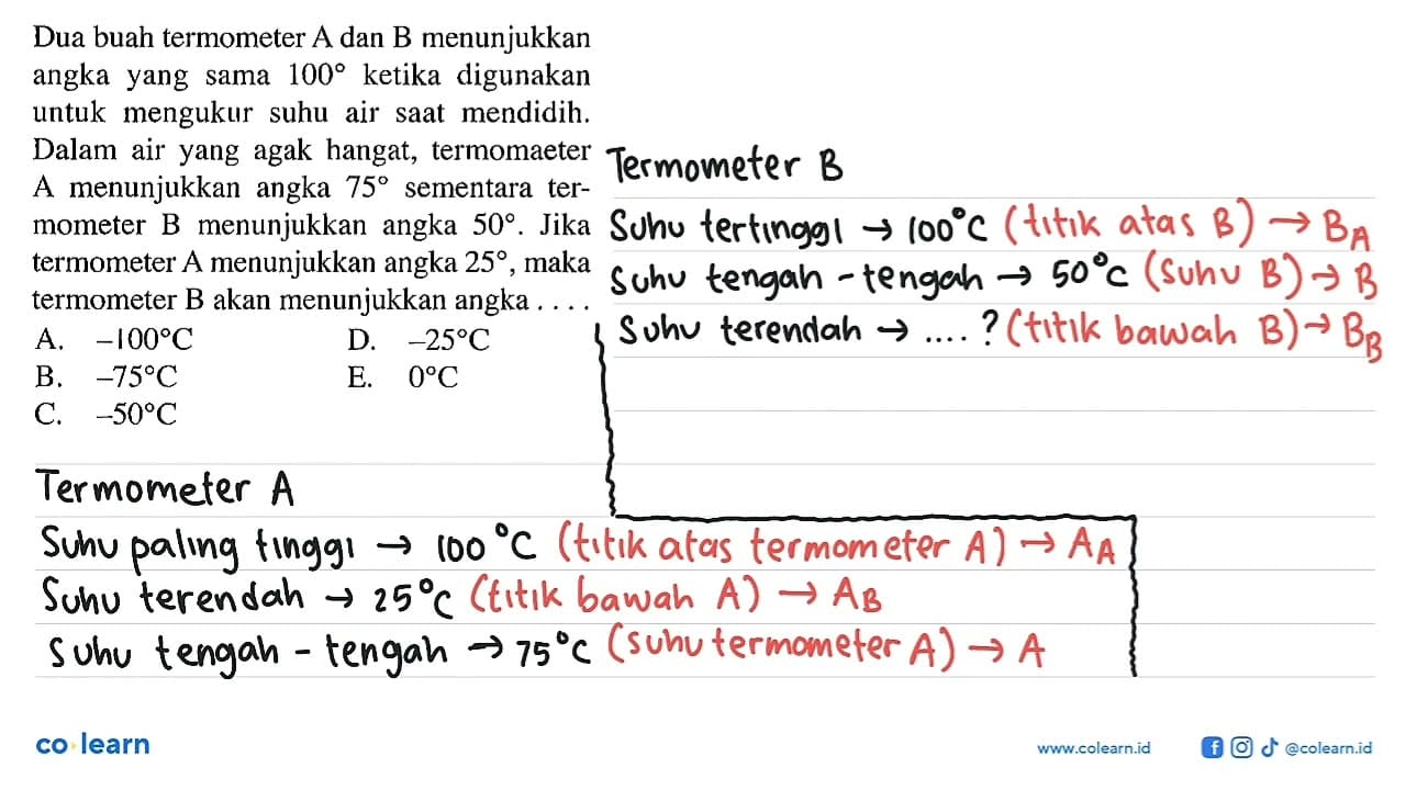 Dua buah termometer A dan B menunjukkan angka yang sama 100