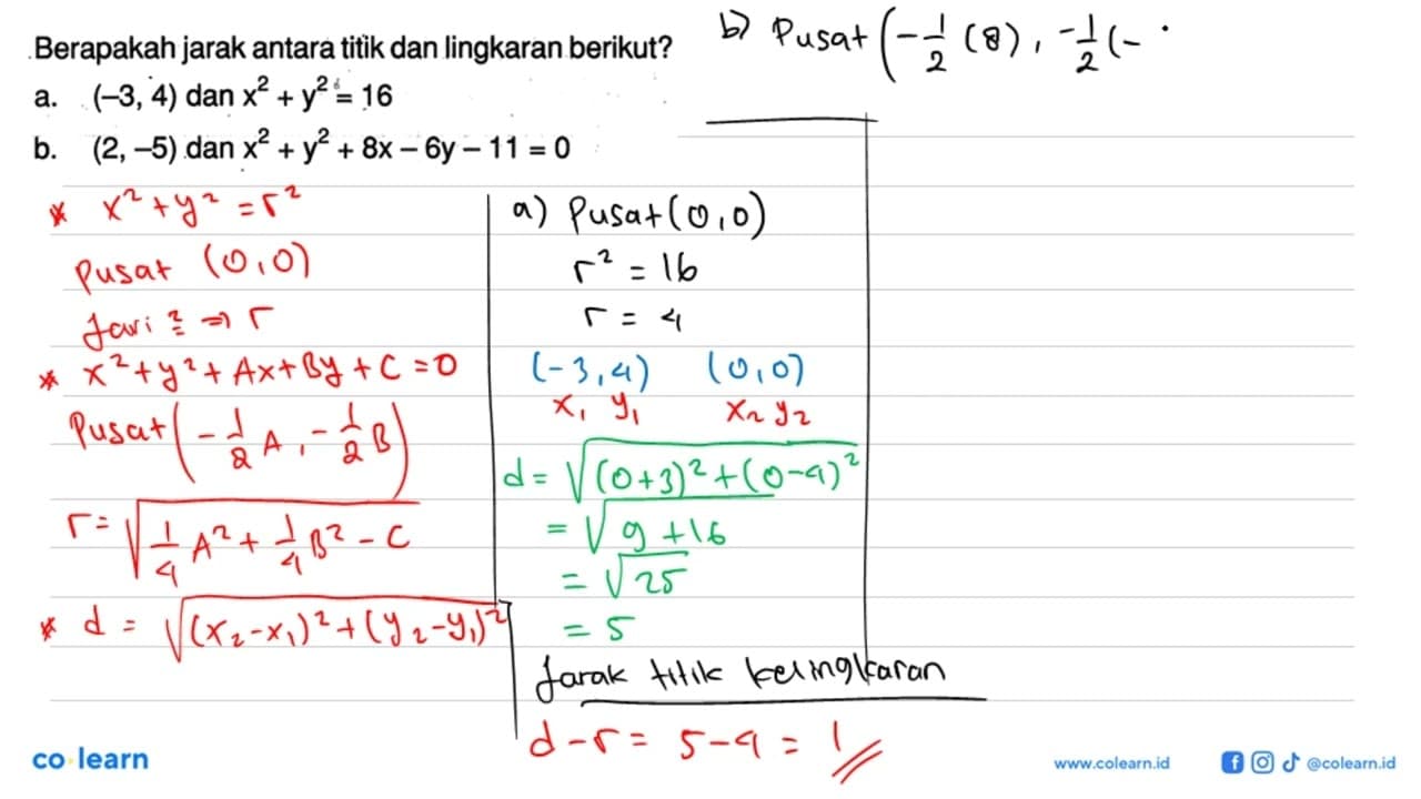 Berapakah jarak antara titik dan lingkaran berikut?a.