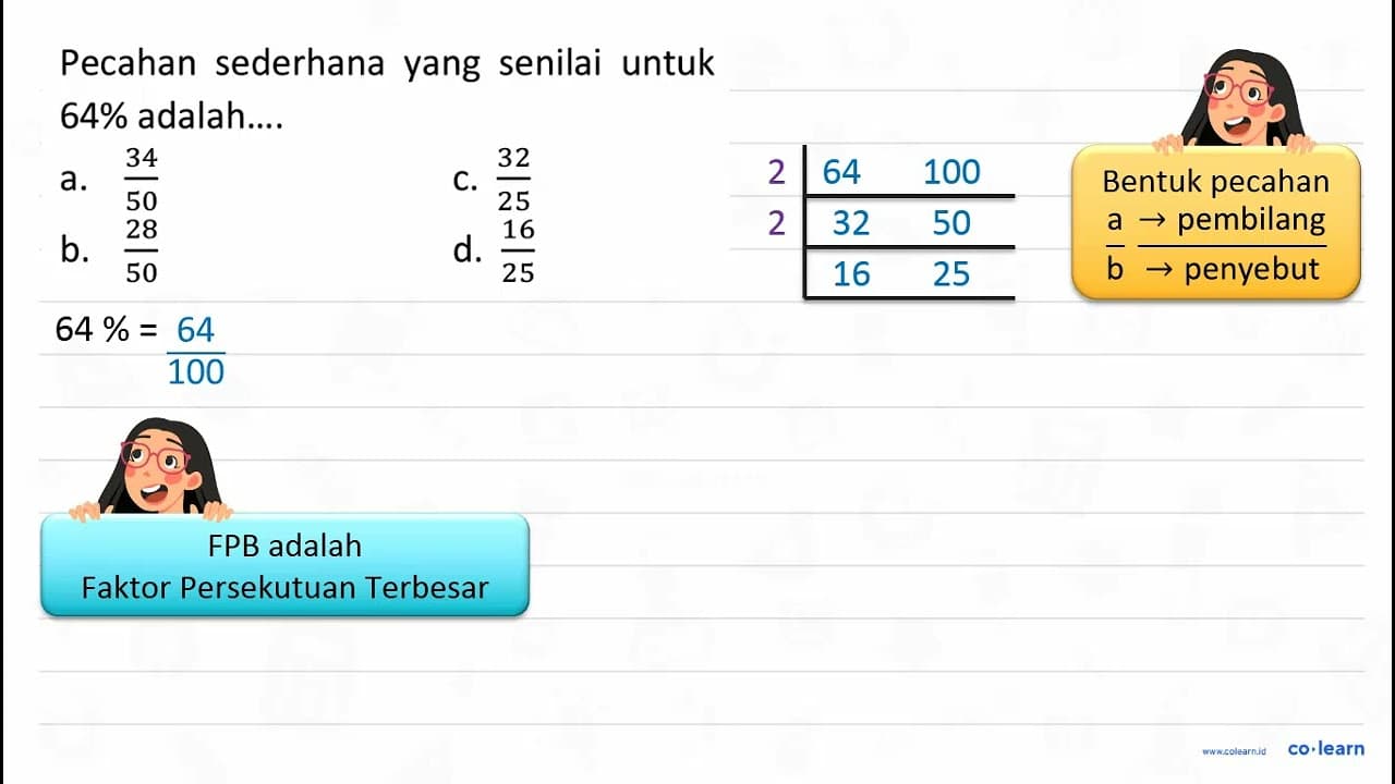 Pecahan sederhana yang senilai untuk 64% adalah.... a.