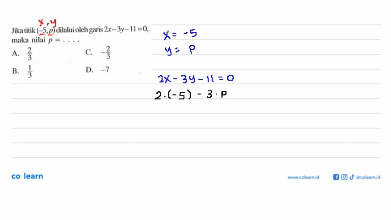 Jika titik (-5, p) dilalui oleh garis 2x - 3y - 11 = 0,