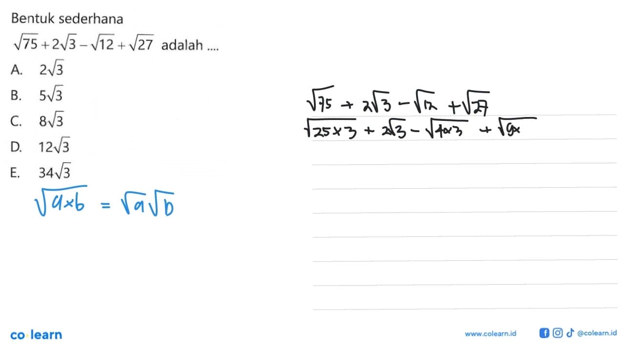 Bentuk sederhana akar(75) + 2akar(3) - akar(12) + akar(27)
