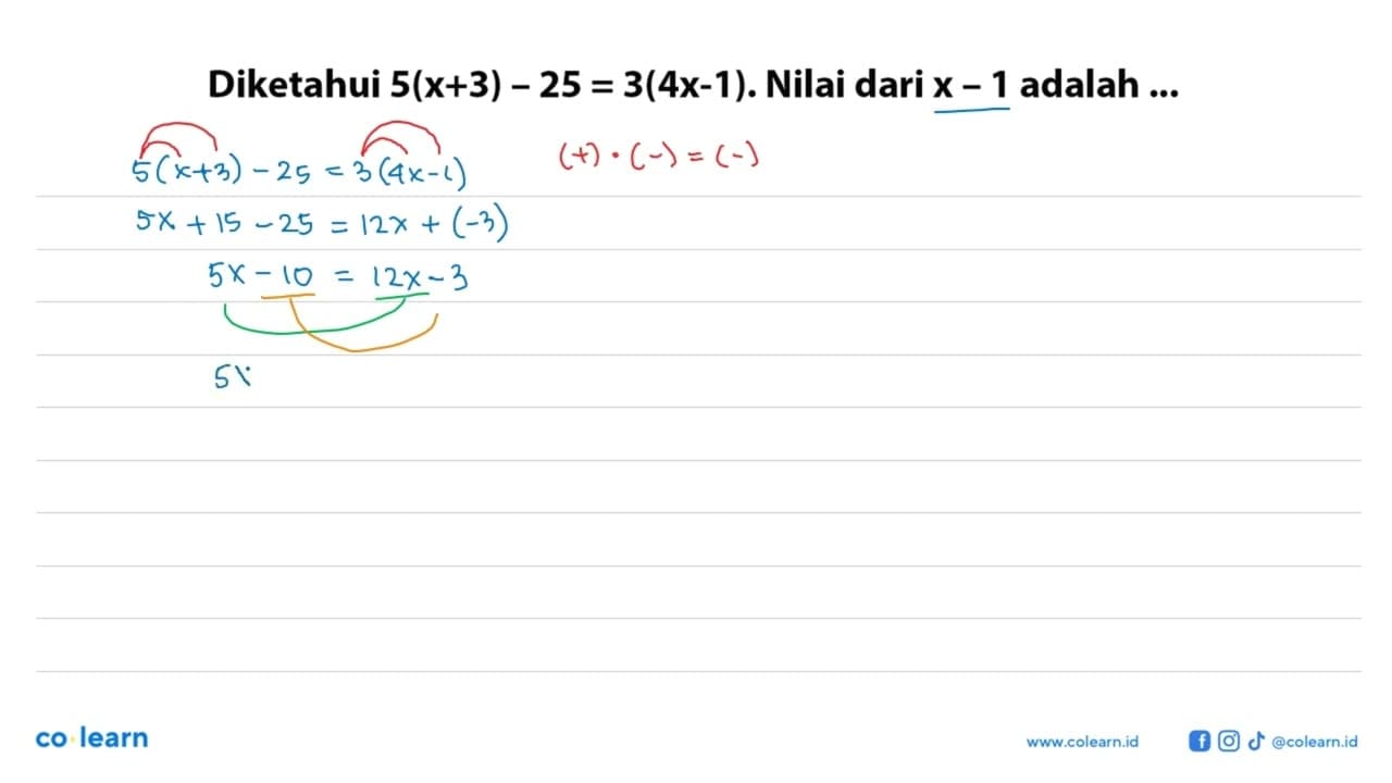 Diketahui 5(x + 3) - 25 = 3(4x - 1). Nilai dari x - 1